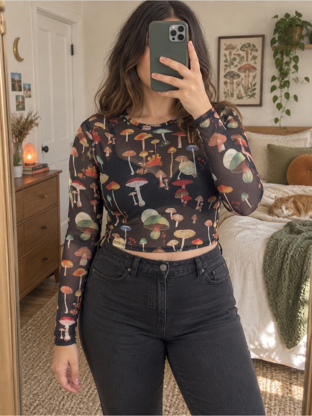Mesh Long-Sleeve Crop Top with Mushroom Print - Black